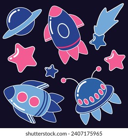 Set of spaceships, stars and planet with white outline on dark blue background. Cartoon vector illustration.