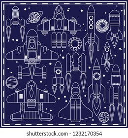 Set of spaceships, stars and planets. Contours. Vector illustration.