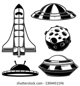 Set of spaceships, ufo icons. Design element for logo, label, sign, poster, t shirt. Vector illustration