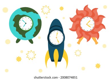 set of space-themed alarm clocks, planet, rocket and star, vector illustration isolated on white background.