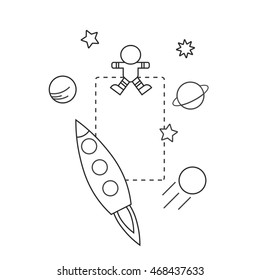 A set of space-themed line art icons in a "cut out and play" or sticker sheet style. Includes a rocket, astronaut, and planets. Perfect for a children's activity or coloring page. Vector doodle.