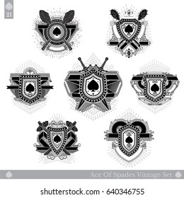 Set of spades for ace of spades or t-shirt print in vintage line style. Vector card template with old crossed weapon on white