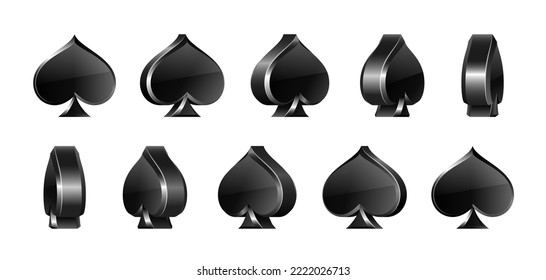 Set von Spades Anzugkarten. Der Anzug der Spielkarten wird in verschiedenen Winkeln gedreht. 3D-Vektorsymbole für Casino, Apps und Websites oder Spieldesign