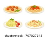 Set of spaghetti dishes isolated on white. Vector illustration.