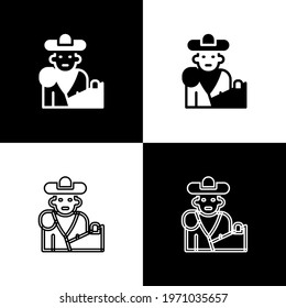 Set Spain bullfight, matador icon isolated on black and white background. Traditional Spanish entertainment.  Vector