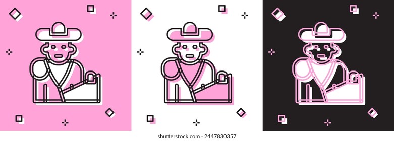 Set Spain bullfight, matador icon isolated on pink and white, black background. Traditional Spanish entertainment.  Vector