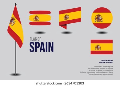Conjunto de bandera de España en 5 diseños: bandera en poste, trazo de pincel, sesgo, redondo y estándar. Vector, plano, aislado sobre fondo gris. Perfecto para varios proyectos de diseño
