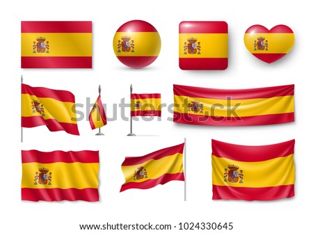 Set Spain flags, banners, banners, symbols, flat icon. Vector illustration of collection of national symbols on various objects and state signs