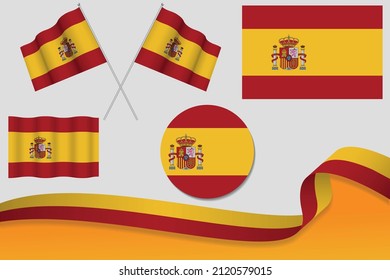 Set Of Spain Flags In Different Designs, Icon, Flaying Flags With ribbon With Background. Free Vector