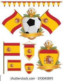 set of spain football supporter flags and emblems, isolated on white