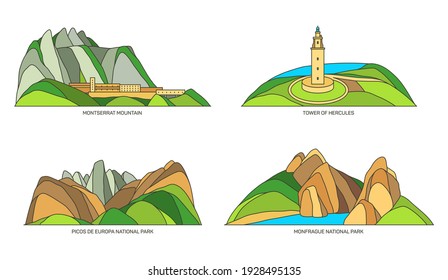 Set of Spain travel landmarks or landscapes