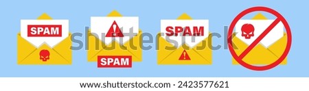 Set SPAM email vector icon. Advertising, phishing, distribution of malware through spam messages. Spam email message distribution, malware spreading virus