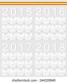 Set of Spanish 2015, 2016, 2017, 2018 vector calendars with shadow angles. Week starts from Monday.