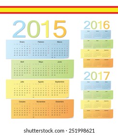 Set of Spanish 2015, 2016, 2017 color vector calendars. Week starts from Monday.