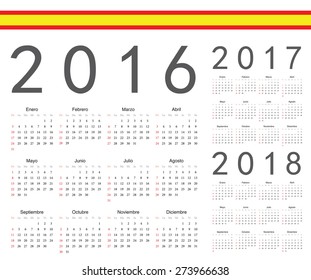 Set of spanish 2016, 2017, 2018 year vector calendars. Week starts from Sunday.