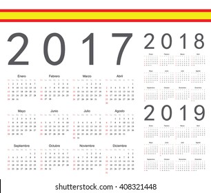 Set of spanish 2017, 2018, 2019 year vector calendars. Week starts from Sunday.