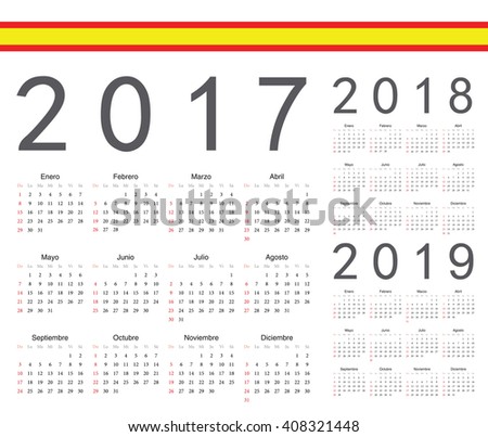 Set of spanish 2017, 2018, 2019 year vector calendars. Week starts from Sunday.