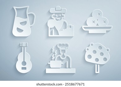 Set Spanish cook, Olives on plate, guitar, Orange tree, Bullfight, matador and Sangria icon. Vector