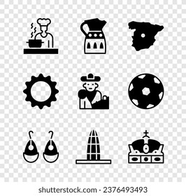 Cocina española, Cocina Sangria, Mapa de España, Tardes, Torre Agbar, España de la Corona, Solar y Pelota, icono del torero. Vector