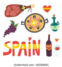 Set of Spanish food and drinks. Vector set of cartoon style illustrations on white background