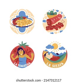 The set of Spanish food and holidays for stickers, logo designs, t-shirts, etc. The badges are sausage, beans, lunch break, and the feast of Tomatina. The vector illustration