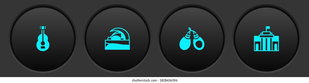 Set Spanish guitar, Concert hall de Tenerife, Castanets and Prado museum icon. Vector.