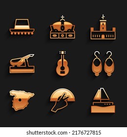 Set Spanish guitar, Fan flamenco, Yacht sailboat, Earrings, Map of Spain, jamon, Montjuic castle and hat icon. Vector