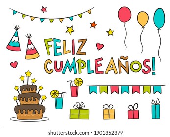 Set of spanish Happy Birthday elements isolated on white background. Hand-drawn holiday elements, gifts, balloons, cake. Vector illustration for Spain. Translation: Happy Birthday