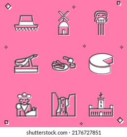 Set Spanish hat, Windmill, Peineta, jamon, Churros and chocolate, Cheese, Bullfight, matador and Algar waterfall icon. Vector