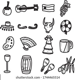 Un conjunto de íconos españoles adecuado para españa o español con dibujos animados de doodle
