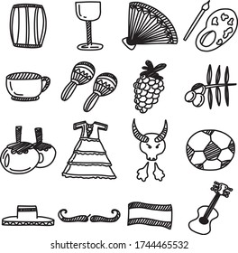 A Set of spanish Icons suitable for spain or spanish with doodle cartoon style