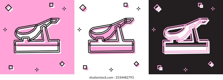 Set Spanish jamon on the wooden jamonera icon isolated on pink and white, black background.  Vector