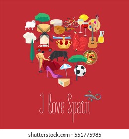 Set of Spanish landmarks, culture, music, food icons in vector. Heart shape design element for visit Spain concept