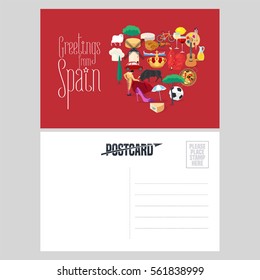 Set of Spanish landmarks, culture, music, food icons in vector postcard template. Double sided with text field for greeting. Heart shape design element for visiting Spain concept