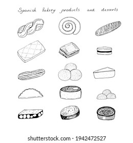 Set of Spanish pastries and desserts, vector illustration, hand drawing, sketch