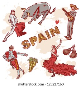 Set of Spanish symbols and traditional clipart for travelling isolated