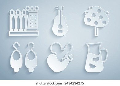 Set Spanish wineskin, Orange tree, Earrings, Sangria, guitar and Dali museum icon. Vector