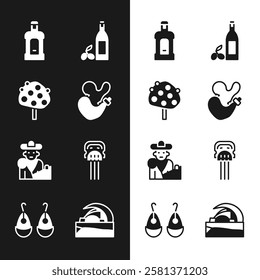 Set Spanish wineskin, Orange tree, Orujo, Bottle of olive oil, Bullfight, matador, Peineta, Concert hall de Tenerife and Earrings icon. Vector