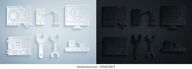Set Spanner, Bot, Electronic computer components motherboard digital chip, Conveyor belt with cardboard box, Industrial machine robotic robot arm hand and Printed circuit PCB icon. Vector