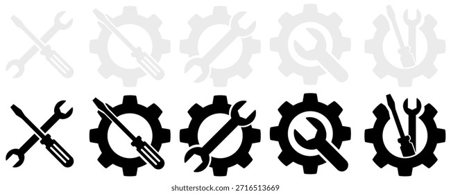 Conjunto de llaves y destornilladores con engranajes, que representan herramientas mecánicas y servicios de ingeniería
