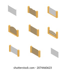 Set of spans fences of various materials. Wood, steel and bricks . Isolated on white background. Elements of buildings and landscape design. 3D isometric style, vector illustration.