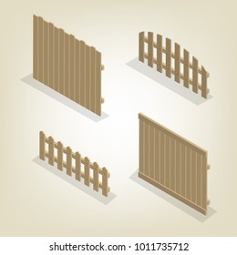 Set of spans wooden fences of various forms. Isolated on white background. Elements of buildings and landscape design. Flat 3D isometric style, vector illustration.