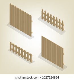 Set of spans wooden fences of various forms. Isolated on white background. Elements of buildings and landscape design. Flat 3D isometric style, vector illustration.