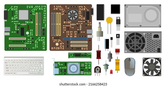 Set Of Spare Part Personal Computer. PC Laptop Accessories. Keyboard And Mouse. Power Supply Hard Drive. Motherboard And Video Card. Isolated On White Background. Radio Components Repair. Vector