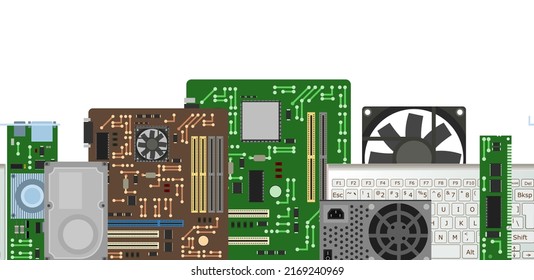 Set of spare part for personal computer. PC laptop accessories. Horizontally seamless background. Hard drive. Isolated on white background. Motherboard and video card. Board RAM memory. Vector.