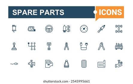 Conjunto de iconos de línea de piezas de repuesto. Contiene información relacionada con auto, servicio, delgado, motor, reparación, equipo, rueda y más. Paquete de iconos de contorno. Línea de Vector e iconos sólidos.