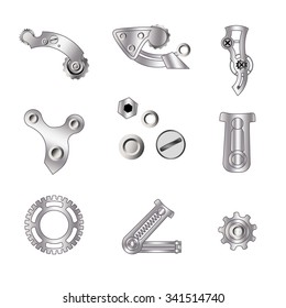 Set of spare parts, machining tools, industrial services, repair clock: micrometer, screw, piston engine, bicycle chain, metal plate. Design of gradient gray with line