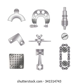 Set of spare parts, machining tools, industrial services, repair clock: micrometer, screw, piston engine, bicycle chain, metal plate. Design of gradient gray with line