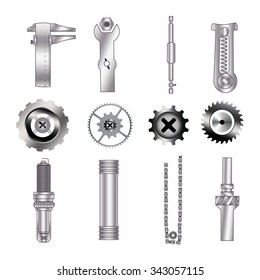 Set of spare parts, machining tools, industrial services:  circular saw, bearing screw, gear, cogwheel, coupling mechanisms, flare nut wrench,  bicycle chain, spark plug,  helical (coil) spring