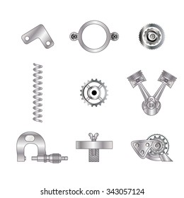 Set of spare parts, machining tools, industrial services, repair clock: micrometer, screw, piston engine, gear, cogwheel, coupling mechanisms, helical (coil) spring. Design of gradient gray with line 